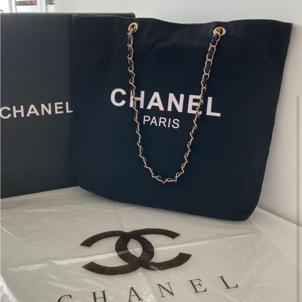 black canvas CHANEL beauty tote